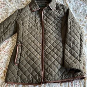 Ralph Lauren green quilted jacket.  Brown faux leather trim.